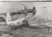 A 205 Sqn Short Sunderland Mark V ML797 "P" at the ramp of RAF Seletar, this particular airframe became the last of its type to retire from active RAF service on 30 June 1959.