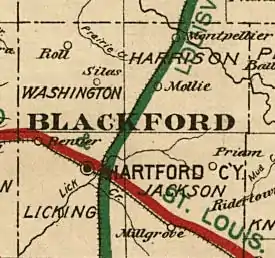 1890s railroad map showing Mollie along rail line in Blackford County