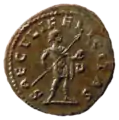 A Roman coin showing an antoninianus of Carinus holding pilum and globe