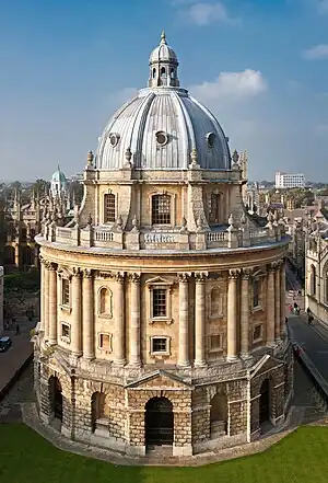 The Radcliffe Camera in Oxford, as viewed from the tower of the Church of St Mary the Virgin.