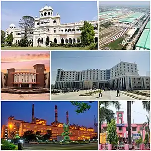 Left to Right, Top to Bottom:
Mahesh Vilas Palace, Modern Coach Factory, NIFT Campus, AIIMS, NTPC Plant, District Hospital