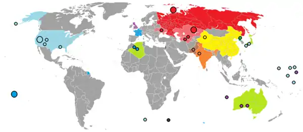 Image 14Over 2,000 nuclear tests have been conducted in over a dozen different sites around the world. Red Russia/Soviet Union, blue France, light blue United States, violet Britain, yellow China, orange India, brown Pakistan, green North Korea and light green (territories exposed to nuclear bombs). The Black dot indicates the location of the Vela incident. (from Nuclear weapon)