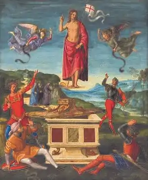 Image 28Depictions of the Resurrection of Jesus are central to Christian art (Resurrection of Christ by Raphael, 1499–1502). (from Jesus in Christianity)