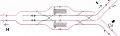 Track diagram of the station. "H" stands for Hikarigaoka, "I" stands for Iidabashi, and "R" stands for Roppongi.