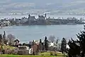 Stadtmuseum Rapperswil, Liebfrauenkapelle, Stadtpfarrkirche St. Johann (St. John's church) and the Schloss, as seen from Kempraten-Lenggis