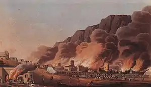 Image 7A painting depicting the sacking of the coastal town and port of Ras Al Khaimah in 1809. (from History of the United Arab Emirates)