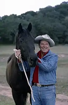 Ronald Reagan wearing a jean jacket at Rancho Del Cielo in 1977