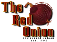 Stylized lettering saying "The Red Onion" in red with yellow trim, descending further rightward with each word. A drawn red onion rests, tilted, on the right. Above it are the curved words, in small type "Internationally famous", with "saloon … restaurant … established 1892" below in similar type