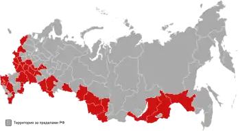 Federal subjects in which Communist candidate Gennady Zyuganov won the second round of voting in the 1996 presidential election (in red).