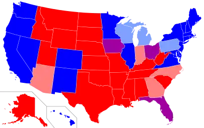 A map of the US showing the blue states, which voted for the Democratic candidate in all the last four Presidential elections, and the red states, which voted for the Republican.(last updated 2016)