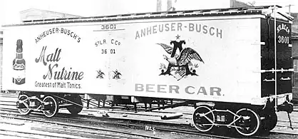 A builder's photo of an ACF refrigerator car from before 1911. The wheel rims and truck sideframes were painted white to highlight their outlines in the photograph.