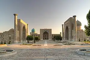 The Registan and its three madrasahs. From left to right: Ulugh Beg Madrasah (Timurid, built 1417–1421), Tilya-Kori Madrasah (built 1646–1660) and Sher-Dor Madrasah (built 1619–1636).