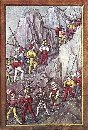 fol. 327v; Reisläufer crossing the Alps