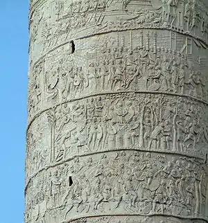 Trajan's Column (Italian: Colonna Traiana) is a monument in Rome which commemorates the Roman emperor Trajan's victory in the Dacian Wars in 101-106 AD.