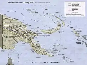 Relief map of New Guinea showing mountains, and locations of various settlements: the area of Kaiser–Wilhelmsland is approximately a quarter of the entire island.