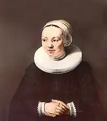 Marriage portrait of his wife Adriaantje Hollaer, painted by Rembrandt's workshop,  around the same time and considered a pendant to the man with the hat