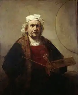 Self-Portrait with Two Circles, 1665–69. Kenwood House, London. The meaning of the circles remains enigmatic. The palette was originally on the left, as he would have seen it in his mirror.