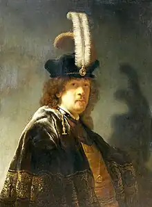 Self-portrait wearing a white feathered bonnet, 1635, Buckland Abbey, Devon.  A traditional attribution, that was rejected in 1968, then returned in 2013.