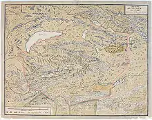 A map of the Dzungar Khanate, by a Swedish officer in captivity there in 1716–1733, which include the region known today as Zhetysu