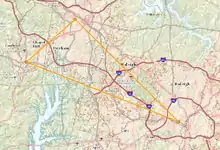 Image 2Map of Research Triangle, with points representing NC State University, Duke University, and University of North Carolina at Chapel Hill (from History of North Carolina)