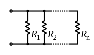 Circuit diagram of several resistors, labelled R1, R2 ... Rn, side by side, both leads of each connected to the same wires