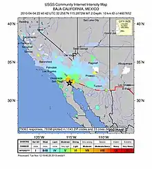 A map showing the affected area. It shows the intensity of quakes, as well as the cities affected.