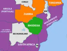 Image 34The geopolitical situation during the Rhodesian Bush War in 1965 – countries friendly to the nationalists are coloured orange. (from Zambia)