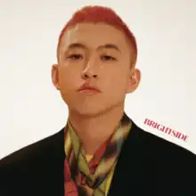 A photograph of the artist in front of a plain, off-white background, staring deadpan directly into the camera. He has short, spiked hair dyed red-orange, and is wearing a black blazer and a plaid scarf. The album name is written in all caps red font at a slant over his left shoulder.