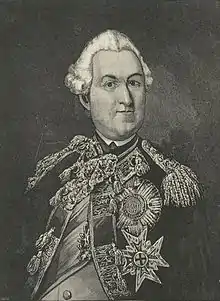 A black and white half-length engraved portrait of Bellomont. He wears a uniform adorned with military honors.