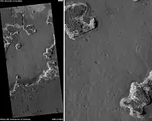 Ritchey Crater layers, as seen by HiRISE.  The dark cap layer seems to be resistant to erosion, while the white middle layer is weak.  Click on image to see more details.  Scale bar is 500 meters long.