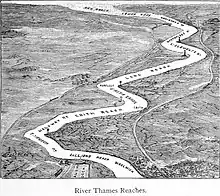 A map of the reaches of the River Thames; it can be seen that a reach is a straightish stretch (and can therefore be sailed in one reach, one straight-line path between tacks, unless the wind is too close to head-on to allow the sailing-boat to reach)