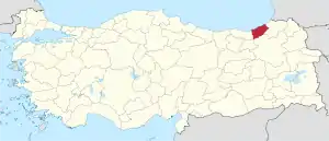 Rize highlighted in red on a beige political map of Turkeym