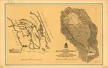 The image is in two parts. On the left, banana-shaped Roanoke Island lies between Croatan Sound to the west and Roanoke Sound to the east. Albemarle Sound to the north and Pamlico Sound to the south are not identified. A portion of Bodie Island (of the Outer Banks) is east and the mainland is west of the island. Positions of the Confederate forts and approximate positions of the Navy gunboats, Army transports, and Confederate Mosquito Fleet during the landings and naval phase of the battle are shown. On the left, a larger-scale map of the middle of the island shows the infantry and artillery dispositions where they met on 8 February 1862.