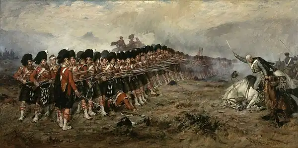 Robert Gibb's 1881 painting, The Thin Red Line, depicting The Thin Red Line at the Battle of Balaclava (1854), when a line of the Scottish Highland infantry repulsed a Russian cavalry charge. The name was given by the British press as a symbol of courage against the odds.