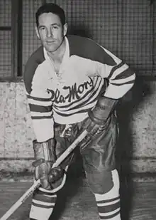 Middle-aged man dressed in hockey equipment and uniform, posing with his hockey stick on the ice