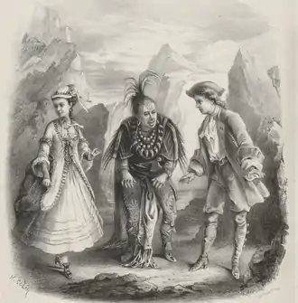 young woman and young man in 18th-century costume on each side of a man in exotic outfit