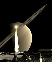 Image 56Artistic image of a rocket lifting from a Saturn moon (from Space exploration)