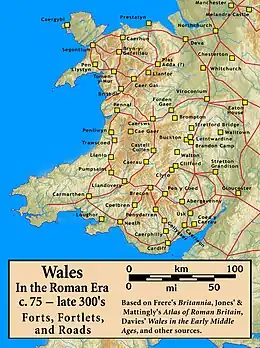 A map of Wales annotated with sites of importance during the Roman occupation of the region.