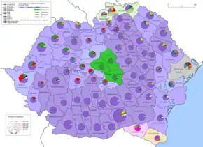 Image 67Ethnic map of Greater Romania according to the 1930 census. Sizeable ethnic minorities put Romania at odds with Hungary, Bulgaria, and the Soviet Union throughout the interwar period. (from History of Romania)