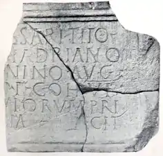 Tablet from Rough Castle Principia. RIB 2145, dedicated to the emperor Antoninus Pius. George MacDonald calls in no. 29 in the 2nd edition of his book The Roman Wall in Scotland. It has been scanned a video produced.