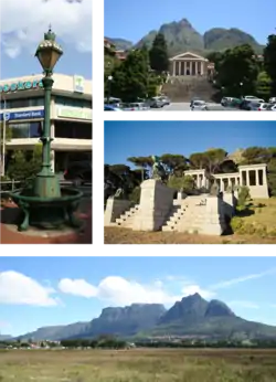 Top left: Victorian era cast iron Fountain at the historic centre of Rondebosch. Top right: University of Cape Town upper campus. Centre right: Rhodes Memorial. Bottom: Rondebosch Common