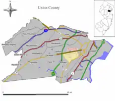 Map of Roselle in Union County. Inset: Location of Union County in New Jersey