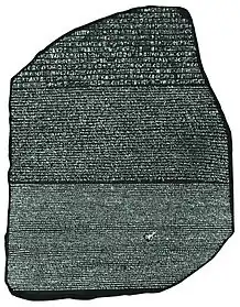 Image 51The Rosetta Stone (c. 196 BC) enabled linguists to begin deciphering ancient Egyptian scripts. (from Ancient Egypt)