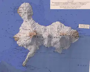 Topographic map of Ross Island (1:250,000 scale)  Mount Erebus is in the lower left. Mount Bird is in the upper left.  Mount Terra Nova is in the middle.  Mount Terror is in the right.