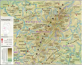 Map of the Rothaar Mountains with Battenberg visible at the eastern edges of the mountains, the Eder Uplands.