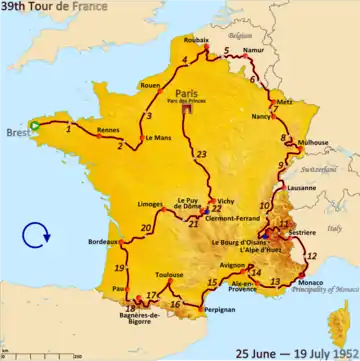 Route of the 1952 Tour de France followed clockwise, starting in Brest and finishing in Paris