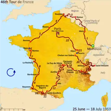 Route of the 1959 Tour de France followed counterclockwise, starting in Mulhouse and finishing in Paris