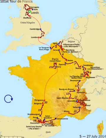 Map of France showing the showing the path of the race going clockwise starting in the United Kingdom, going through Belgium, then around France.