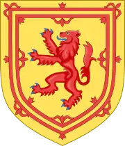 Coat of Arms: A Red Lion on a Yellow Field, surrounded by a red double royal tressure flory counter-flory device