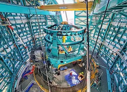 Telescope mount assembly, taken from the dome during bridge crane installation.